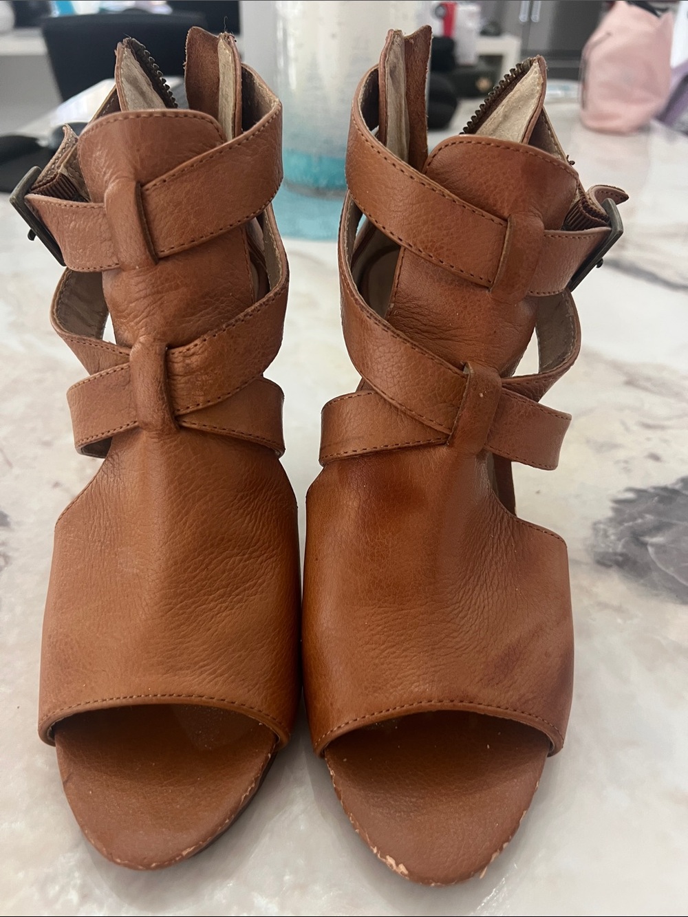 Steve Madden Cognac Leather Strappy Open-Toe Heels